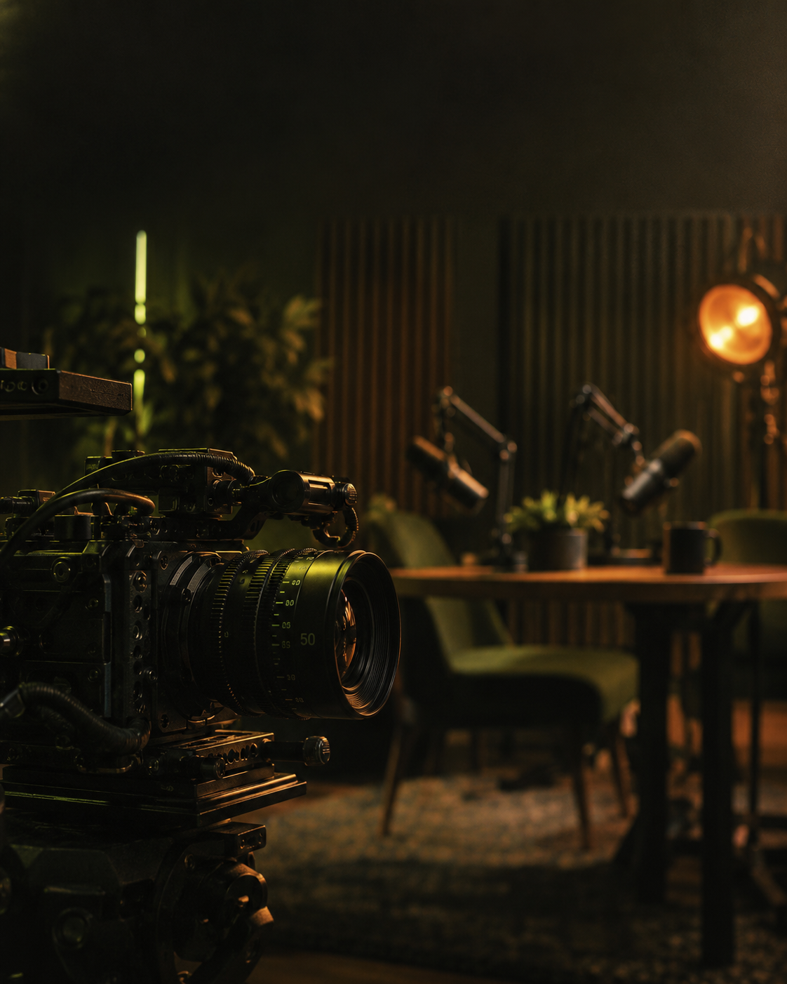 Editorial illustration of a cinematic production studio with camera and warm lighting